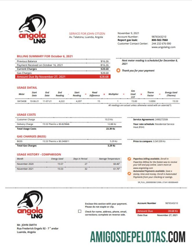 Para baixar modelo de comprovante de endereço de conta de serviços públicos do Angola LNG em formato Word e PDF